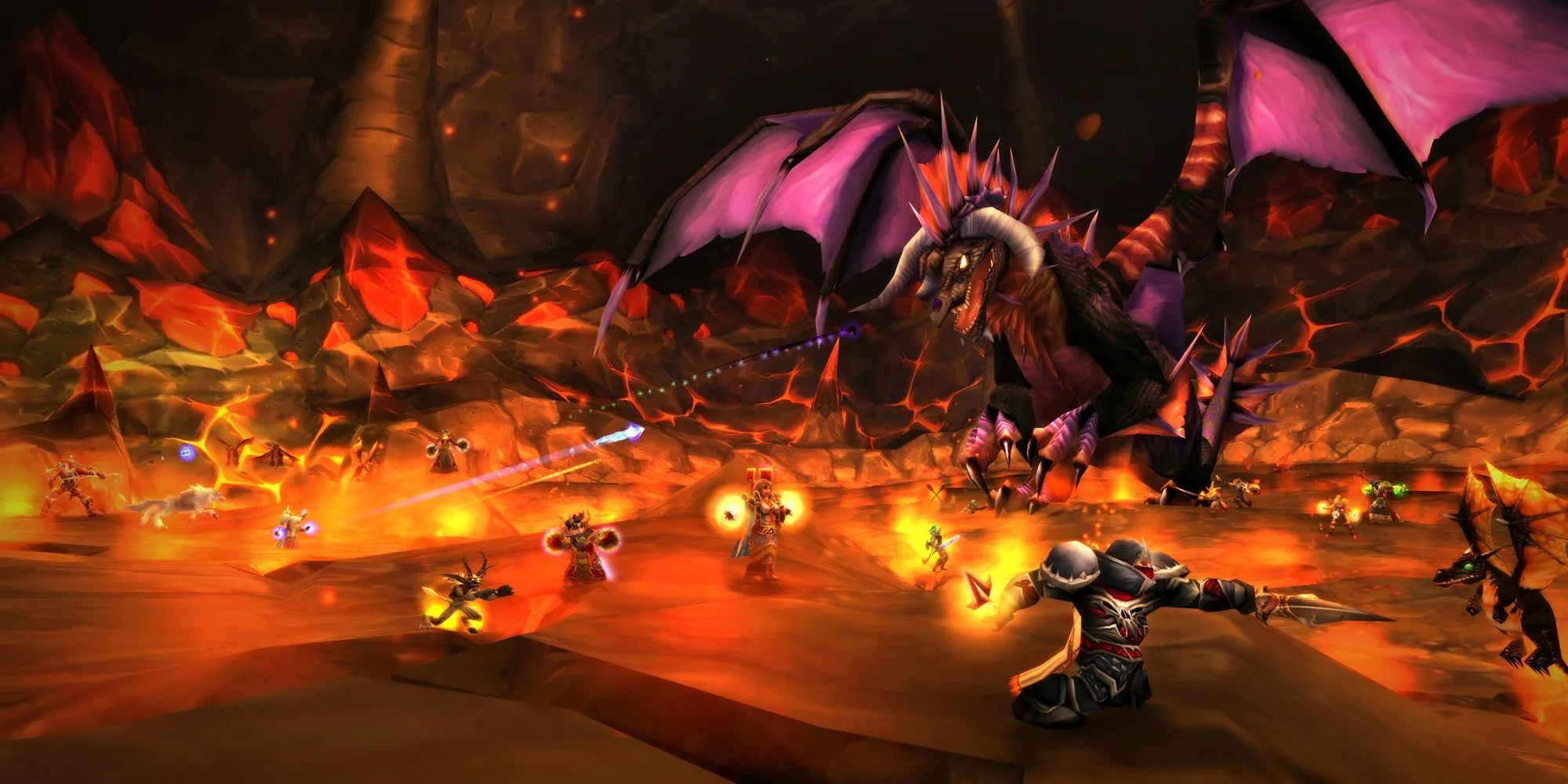 Một cảnh trong một trận raid đông người của World of Warcraft