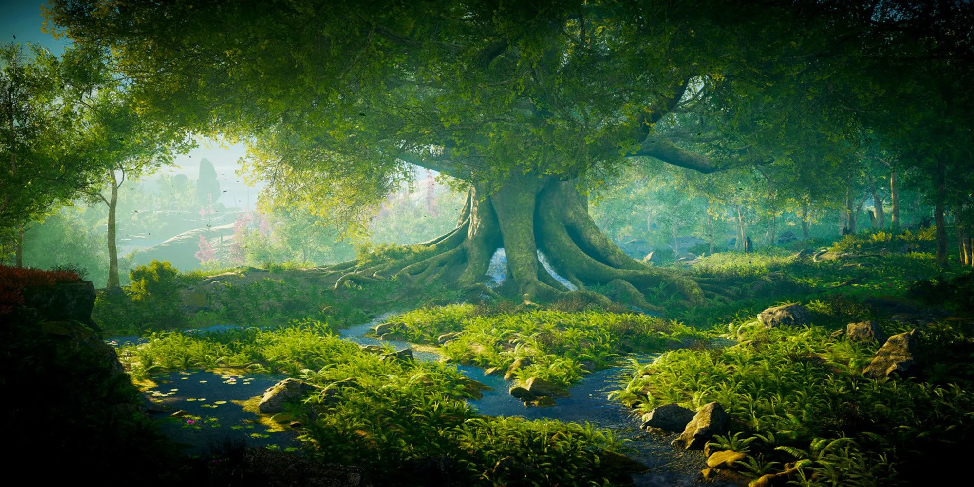 Một cây cổ thụ khổng lồ giữa đồng cỏ và suối nước trong game Eastshade, làm nổi bật vẻ đẹp của thế giới game.