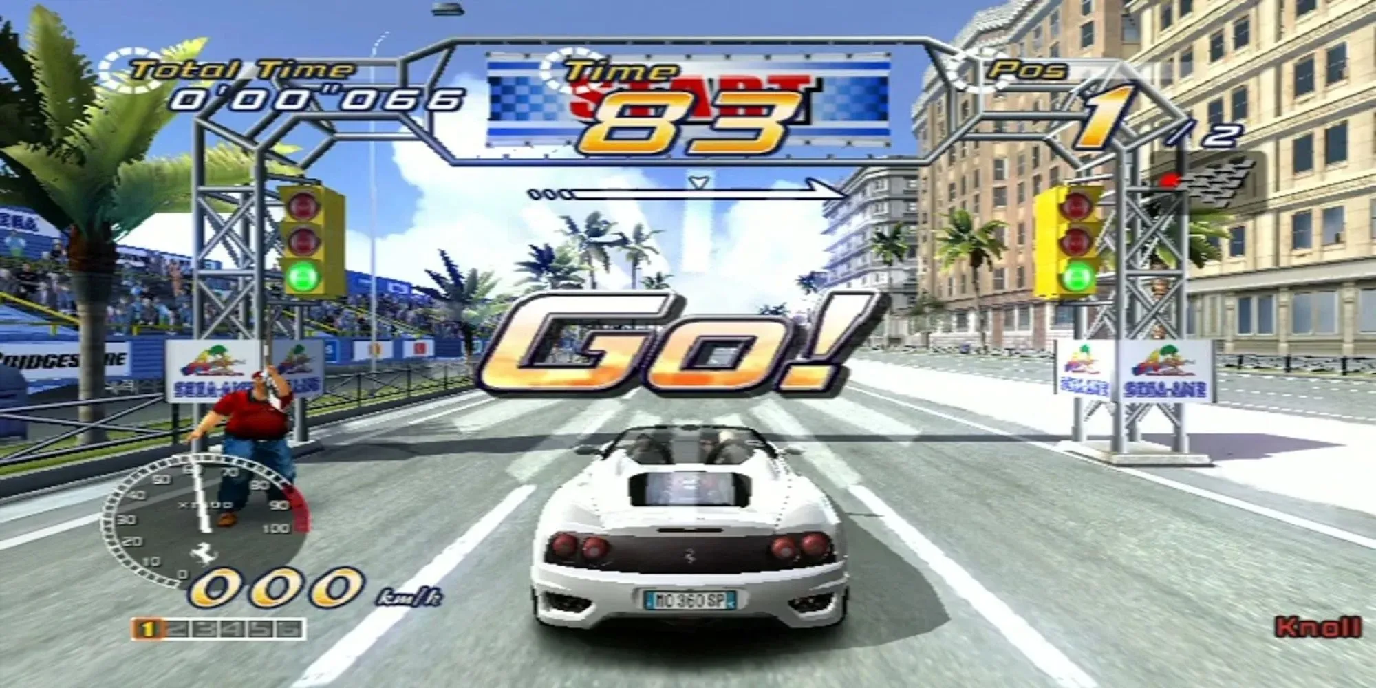Một chiếc Ferrari đỏ đang drift trên cung đường ven biển đẹp mắt trong game Outrun 2