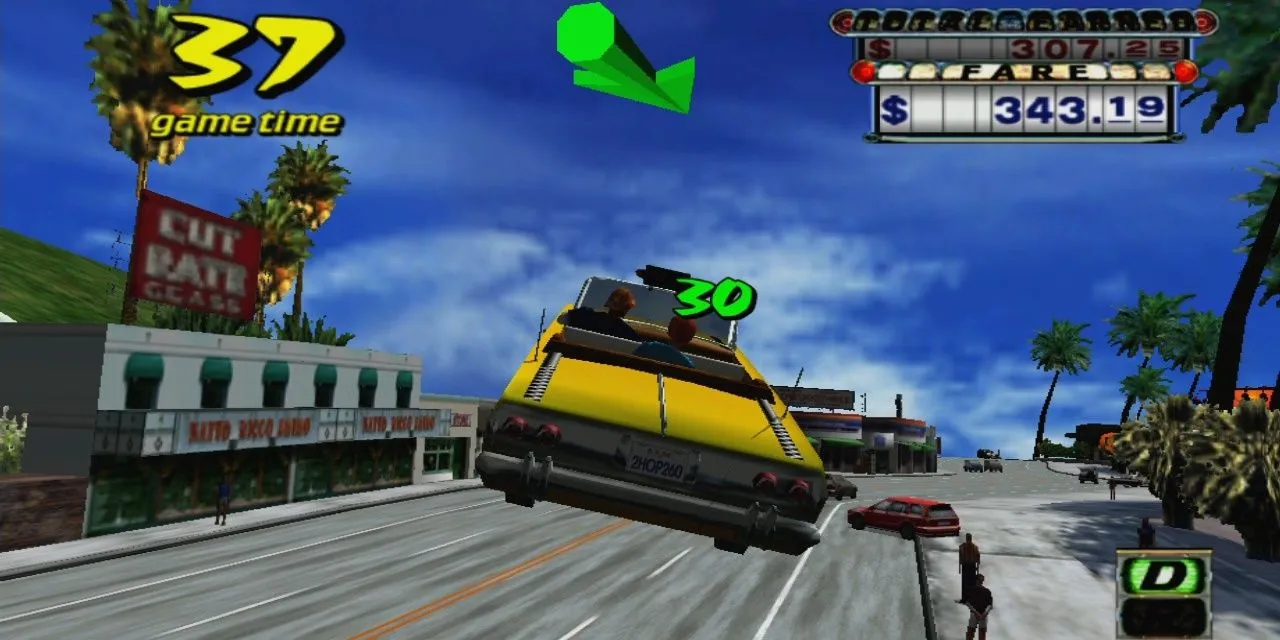 Một chiếc taxi nhảy qua con dốc lớn trong game Crazy Taxi