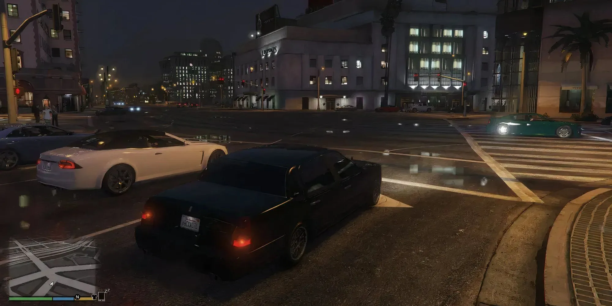Một chiếc xe đang chạy trên đường phố trong GTA 5.
