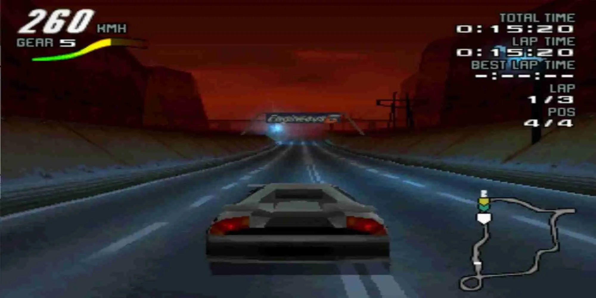 Một chiếc xe đua màu đỏ với thiết kế tương lai trong game Motorhead trên PS1