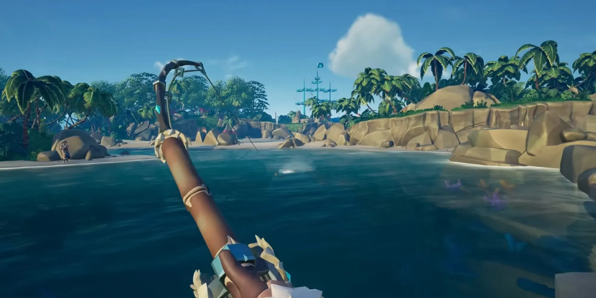 Một nhân vật đang câu cá trên thuyền trong game Sea of Thieves