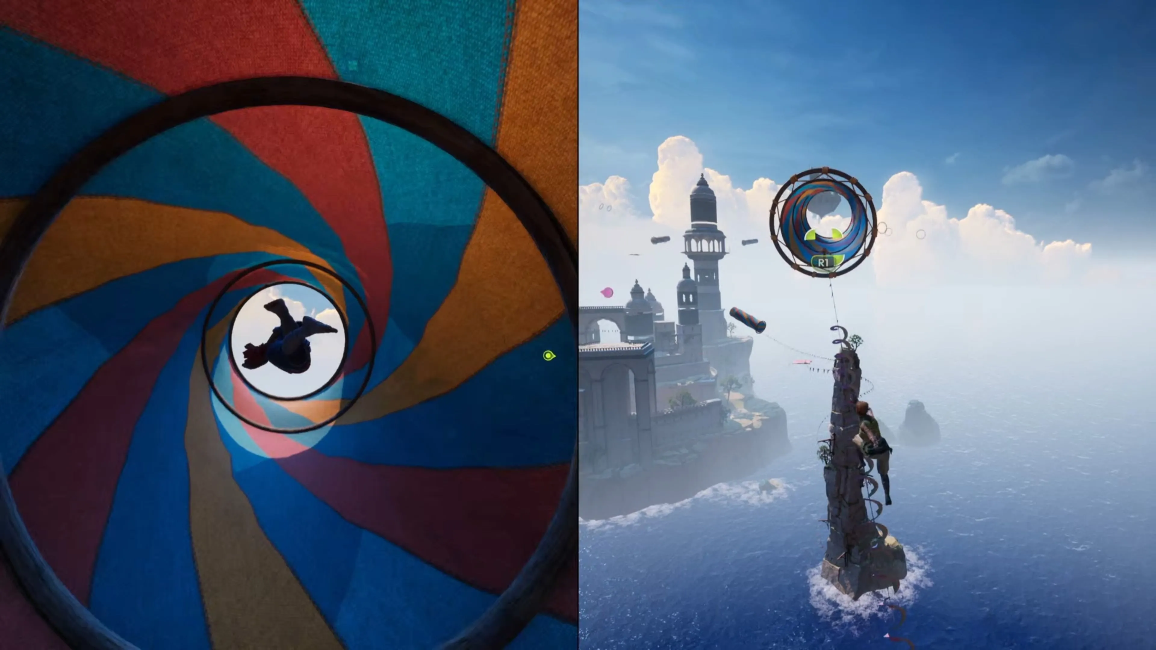 Một nhân vật trong Split Fiction đang đu zipline tốc độ cao trong màn Kites