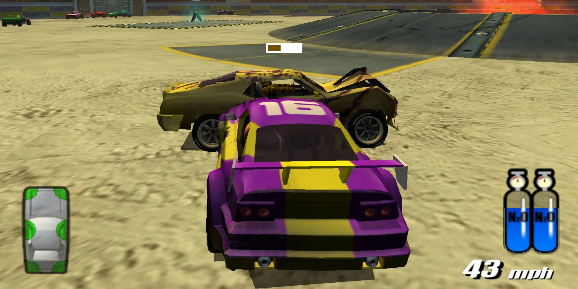 Một pha va chạm mạnh mẽ trong đấu trường Colosseum của Destruction Derby: Arenas.