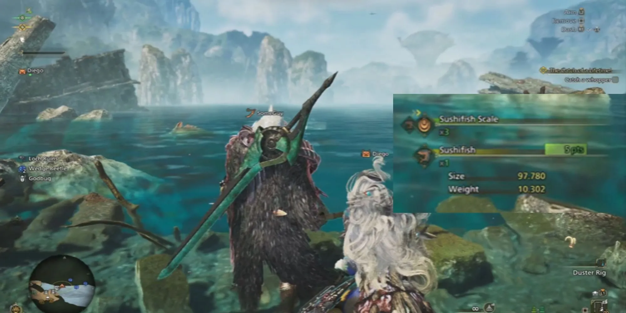 Một số vật phẩm nhận được từ việc câu cá, bao gồm vảy và vây cá trong Monster Hunter Wilds