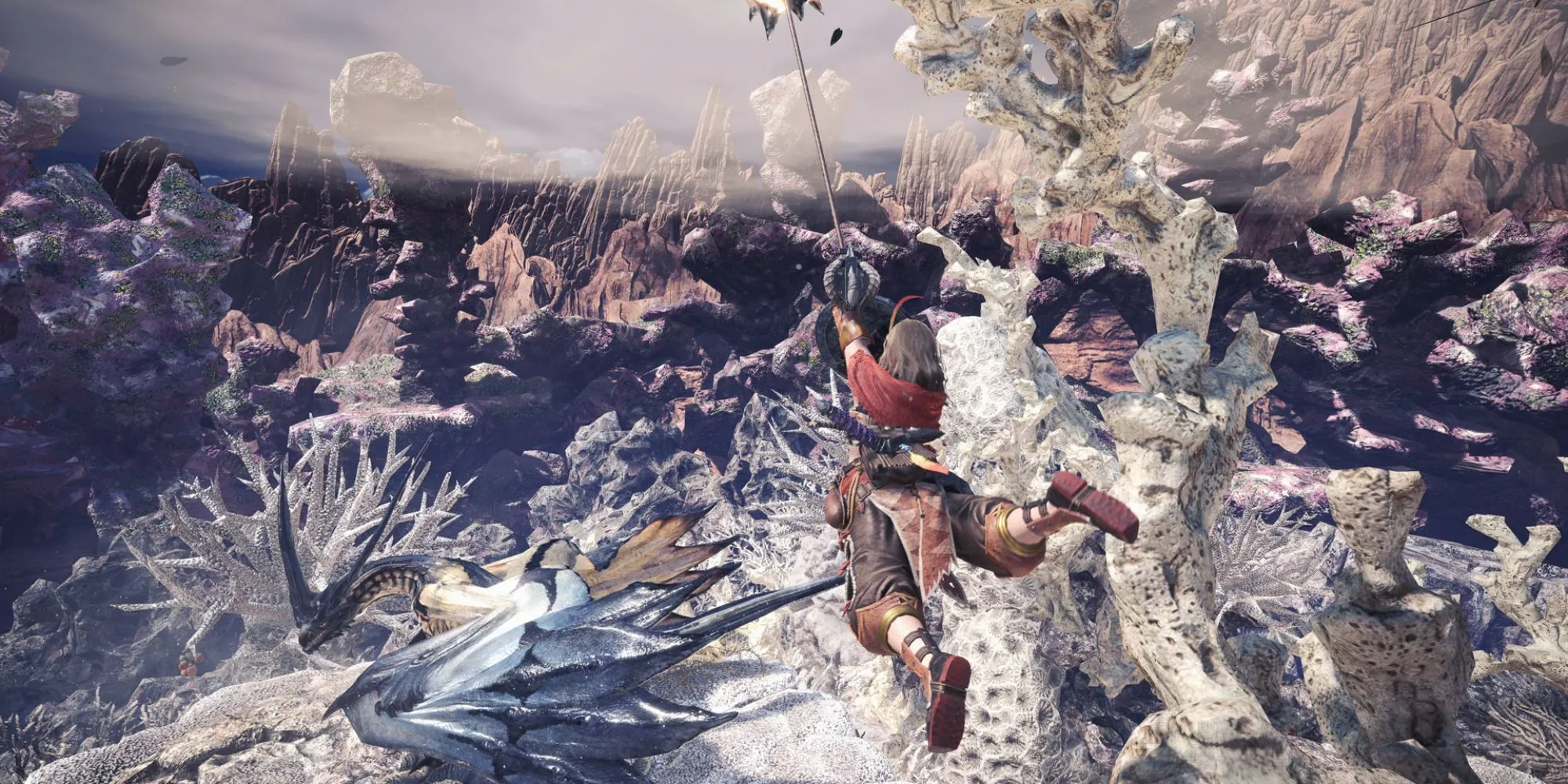 Một thợ săn dũng mãnh trong Monster Hunter World đối đầu với một con quái vật khổng lồ trong trận chiến săn quái đầy kịch tính.