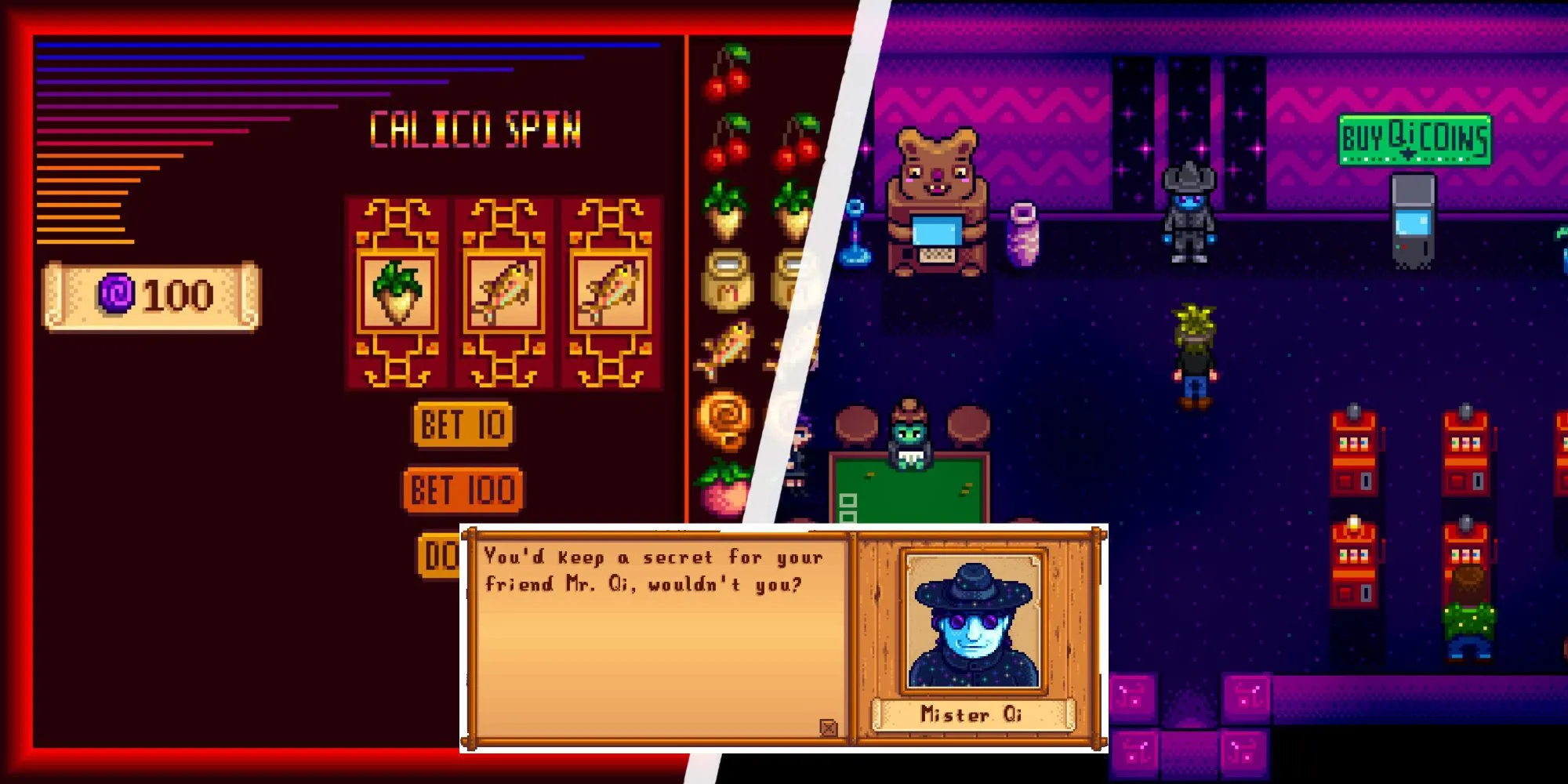 Mr. Qi trong sòng bạc tại Sa mạc Calico, nơi nhận nhiệm vụ mở khóa Casino Stardew Valley
