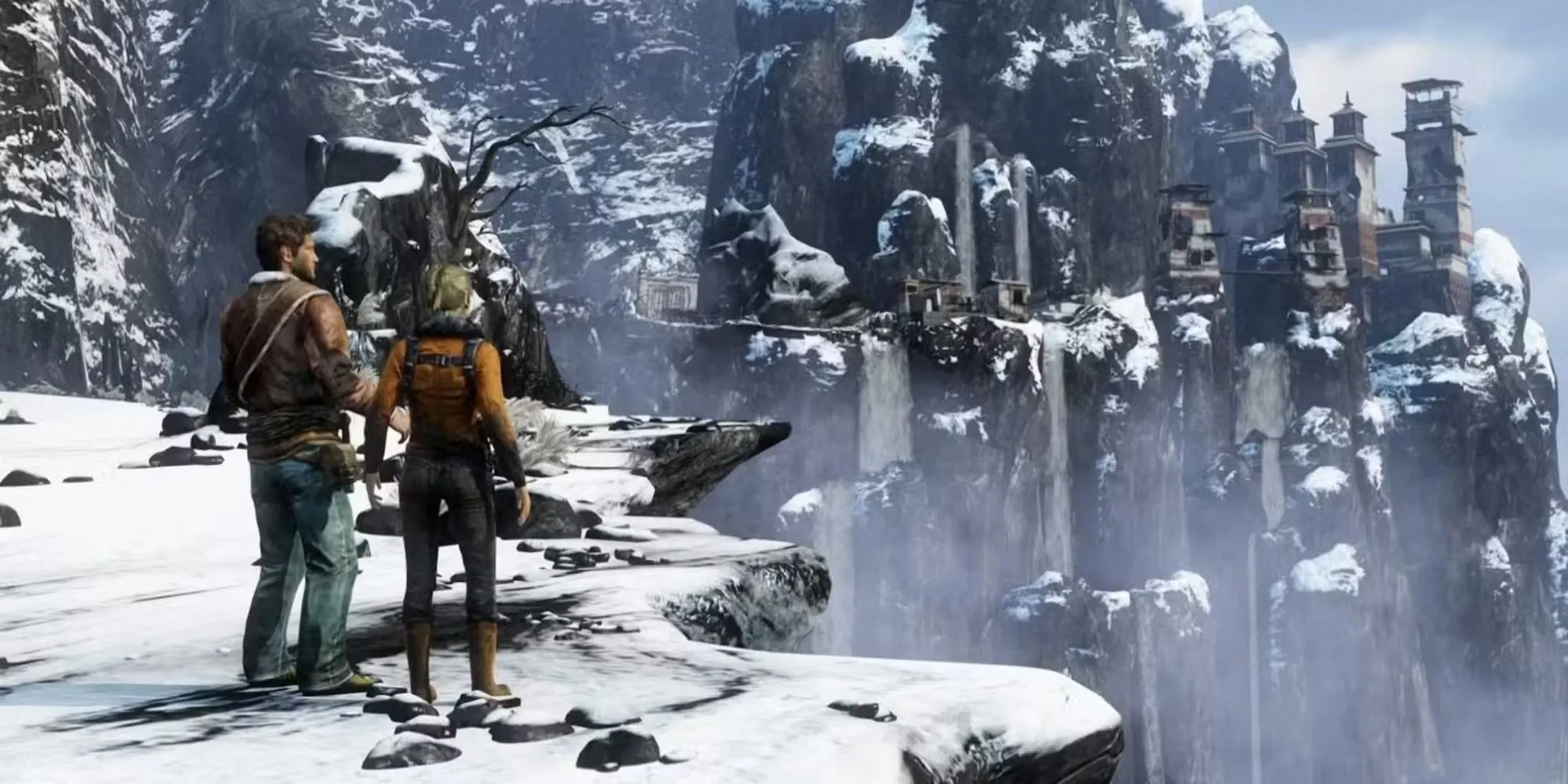 Nathan Drake trong Uncharted 2: Among Thieves bám vào đoàn tàu đang gặp nạn, một cảnh hành động kinh điển