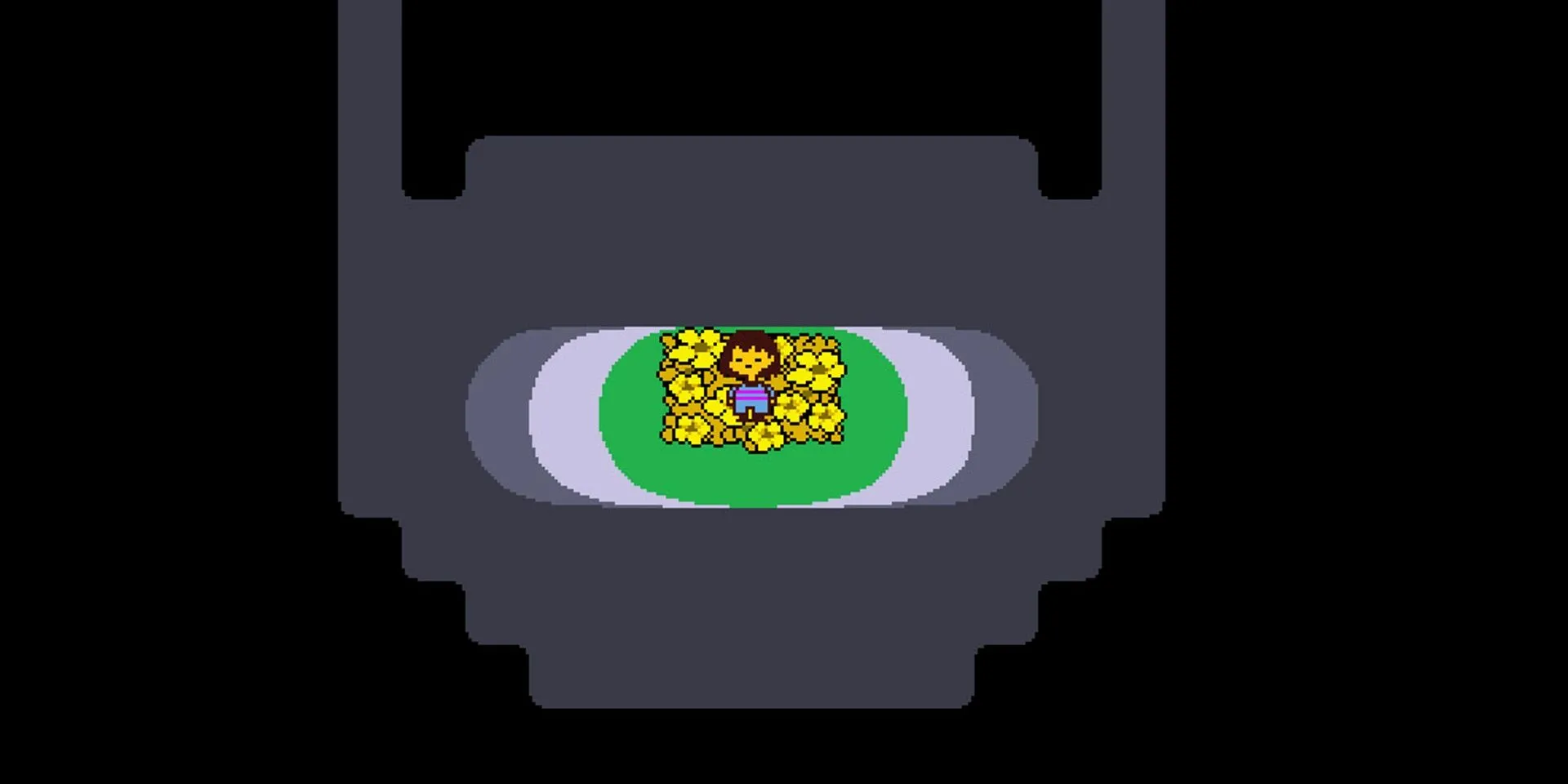 Người chơi đứng trên đống hoa vàng trong Undertale, minh họa đồ họa pixel art đơn giản nhưng đầy cảm xúc