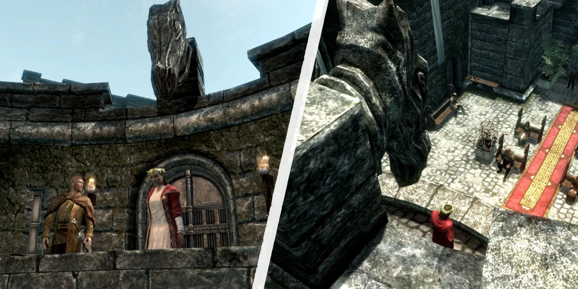 Người chơi làm rơi bức tượng gargoyle xuống để ám sát Vittoria Vici trong đám cưới ở Skyrim.