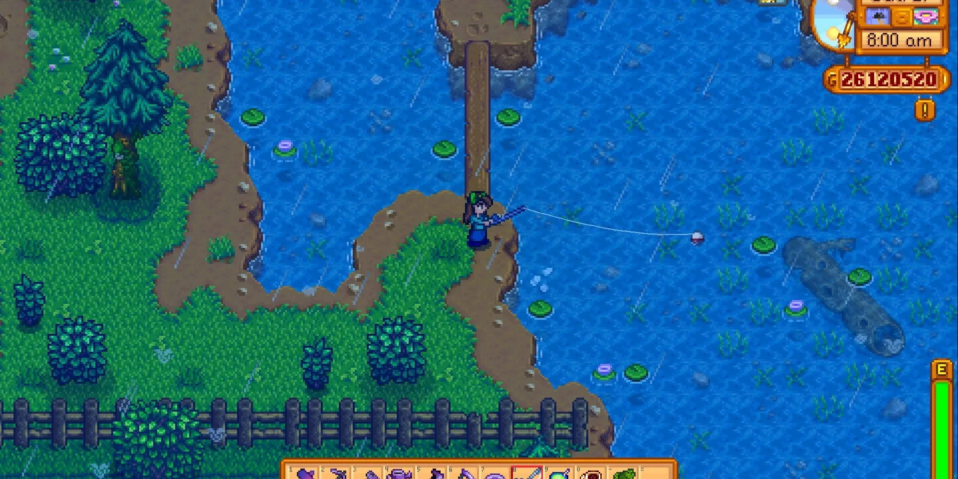 Người chơi Stardew Valley đang câu cá huyền thoại bên hồ nước