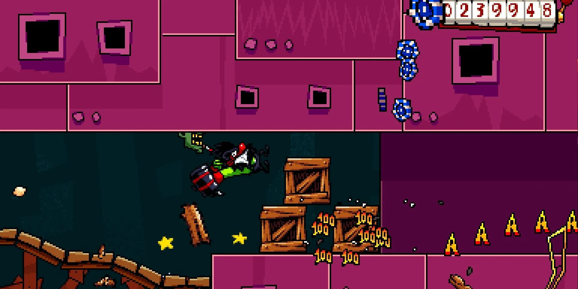 Nhân vật Anton trong game Antonblast tại một màn chơi thành phố đầy màu sắc
