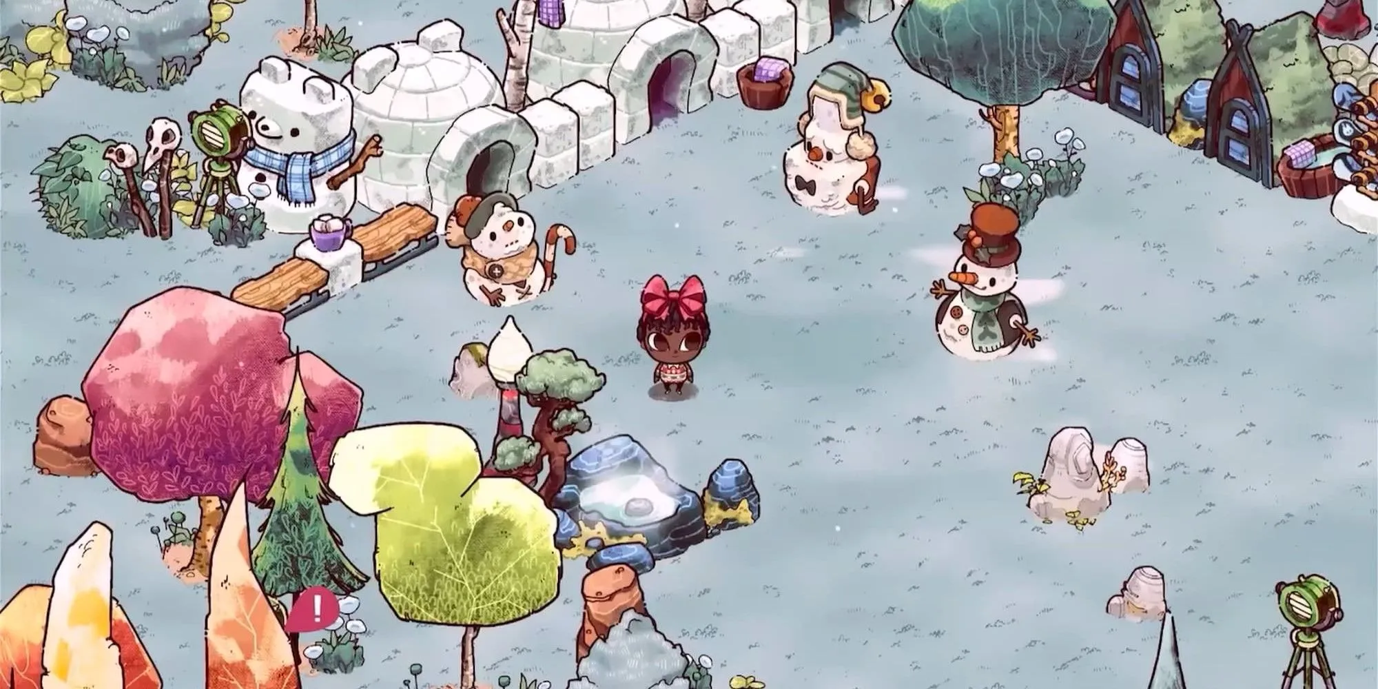 Nhân vật chibi trong game Cozy Grove với khung cảnh ma mị