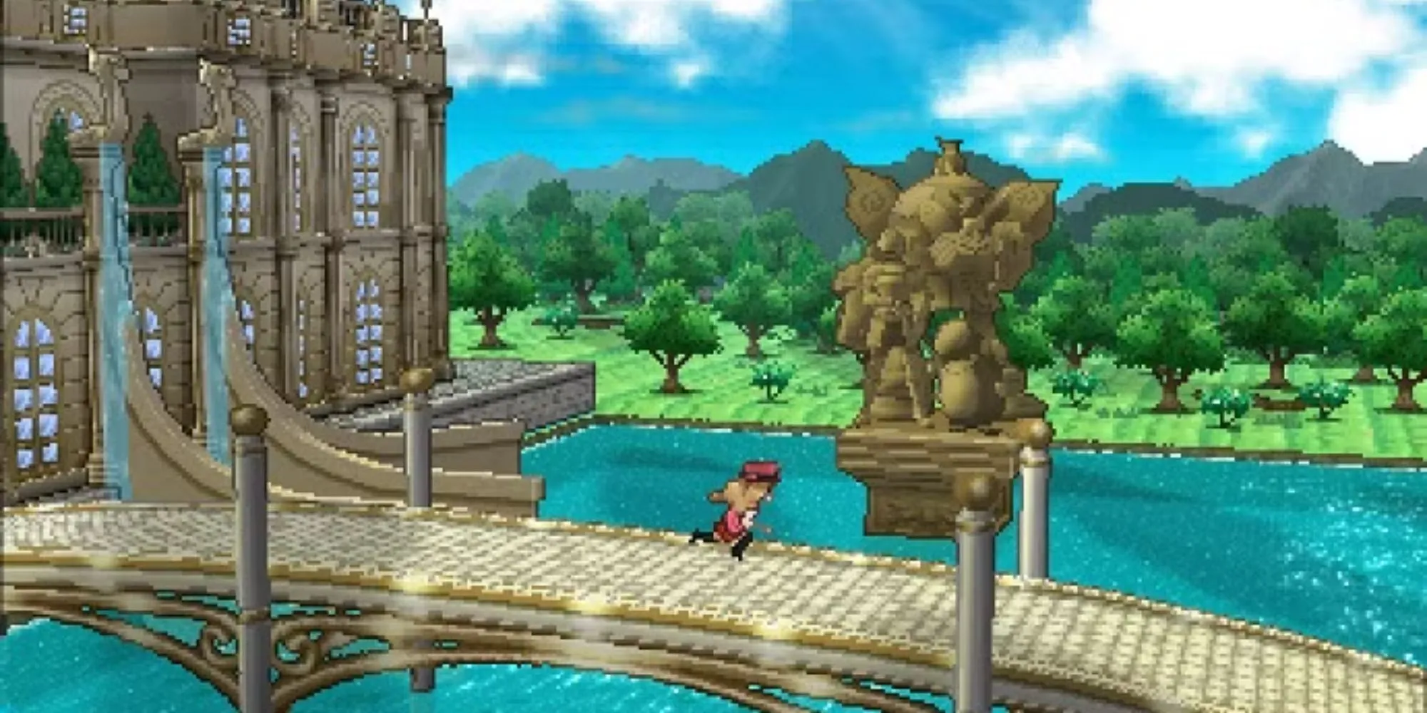 Nhân vật chính chạy qua cây cầu tráng lệ trong Pokemon X and Y