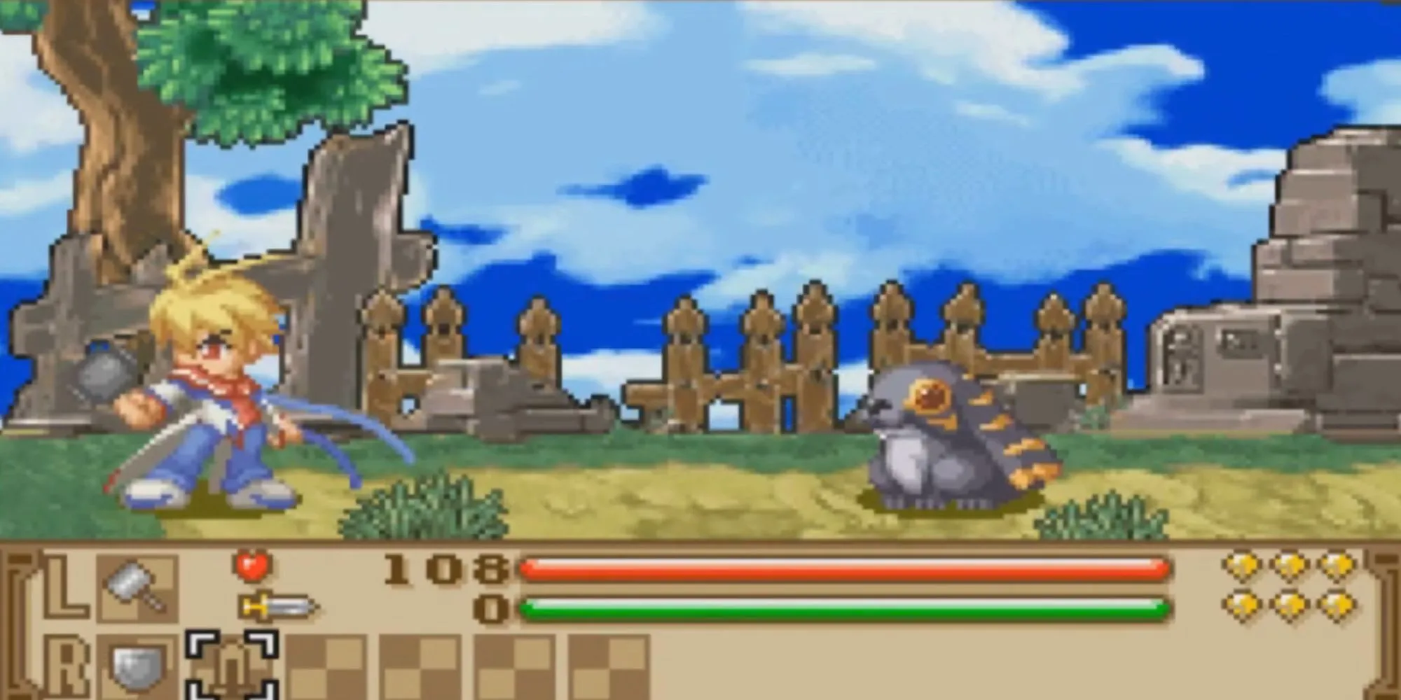 Nhân vật chính cùng summon beast chiến đấu trong Summon Night Swordcraft Story 2 GBA, phô diễn hệ thống chiến đấu hành động.