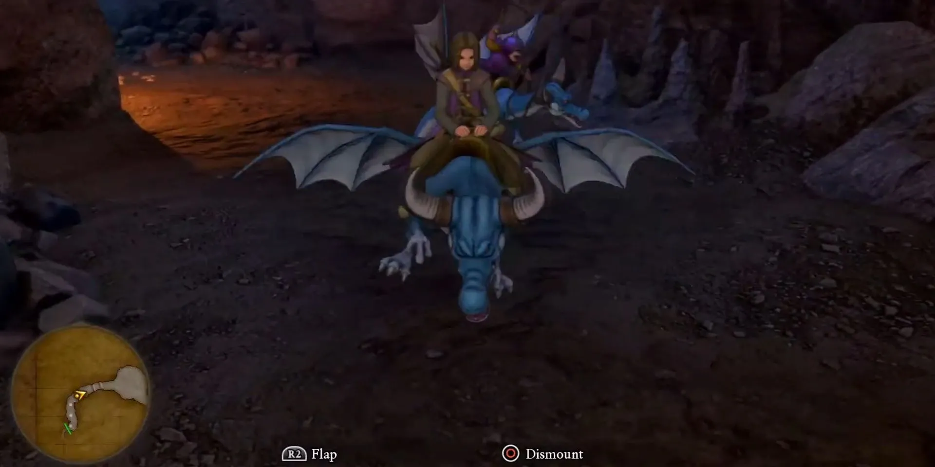 Nhân vật chính cưỡi một con rồng dũng mãnh trong Dragon Quest XI, một trong nhiều thú cưỡi độc đáo