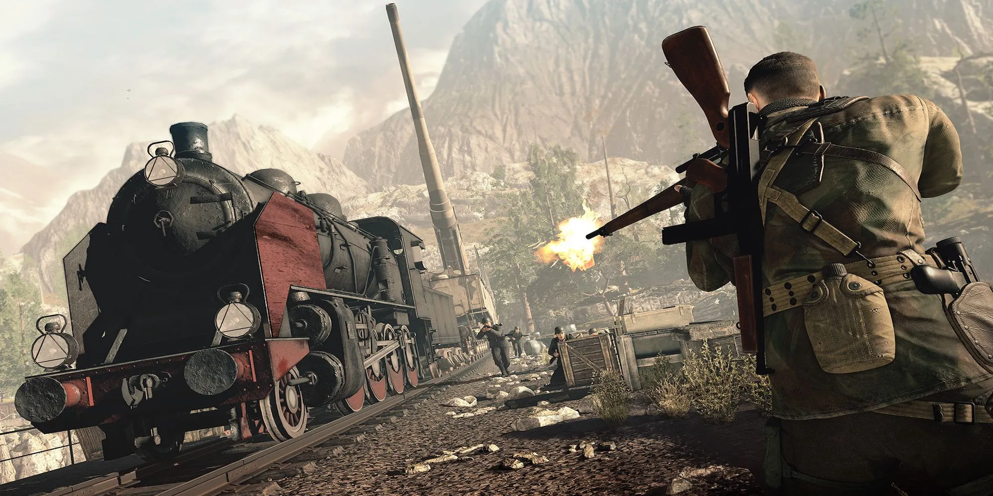 Nhân vật chính đang chiến đấu với kẻ thù trong game Sniper Elite 4, một tựa game bắn tỉa tái hiện lịch sử