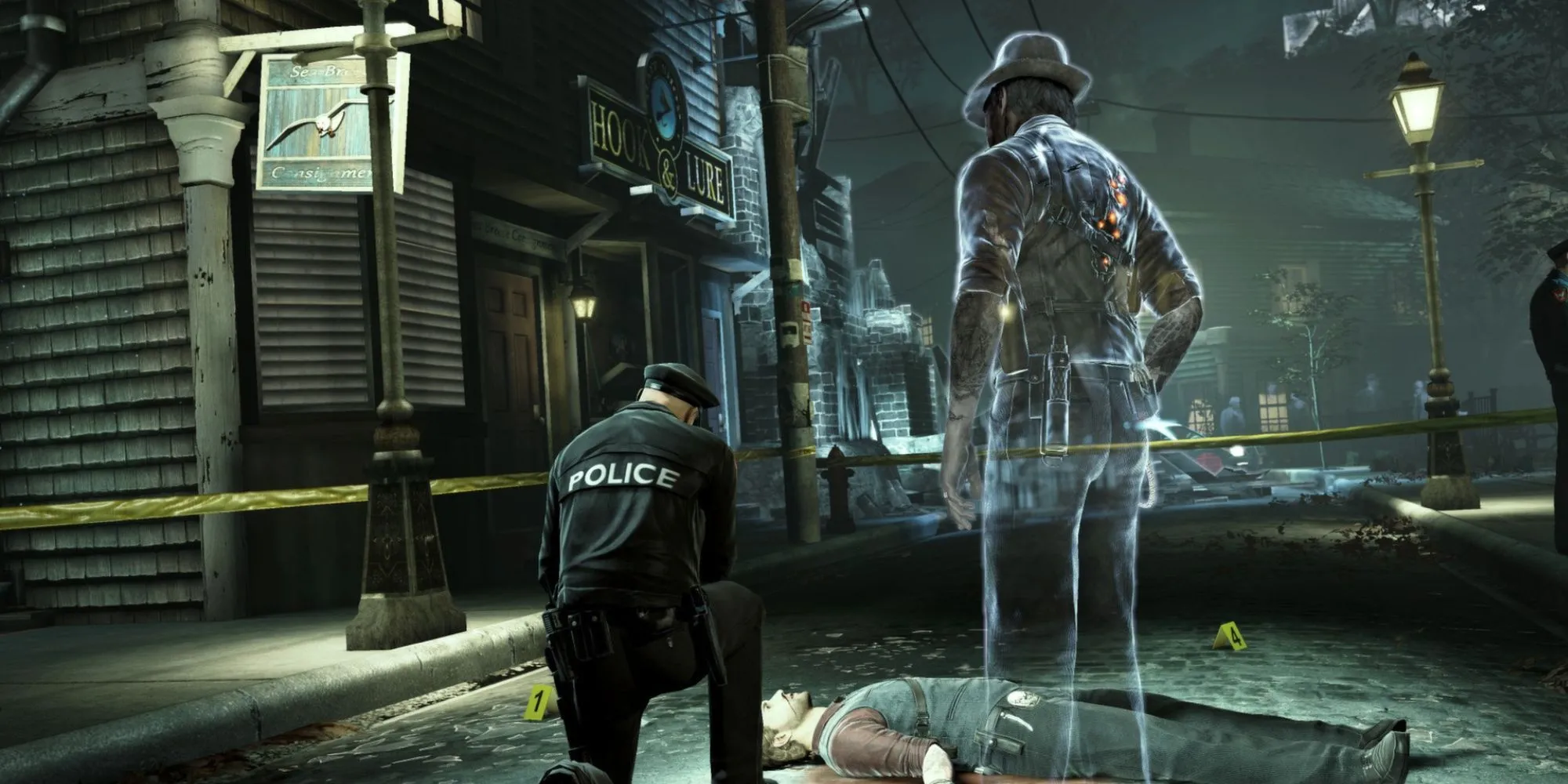 Nhân vật chính Ronan O'Conner là hồn ma đang đứng trên thi thể của chính mình trong Murdered: Soul Suspect