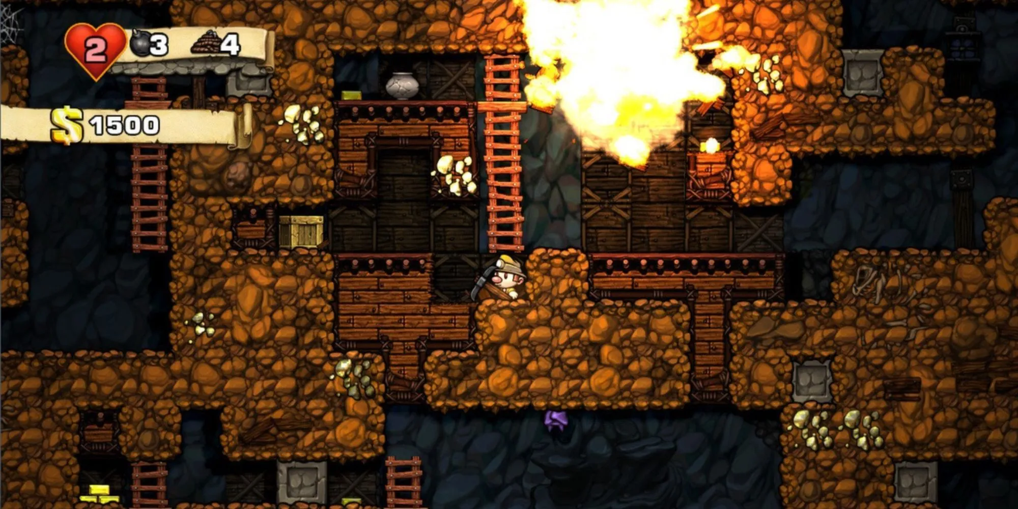 Nhân vật chính thám hiểm hang động nguy hiểm trong game Spelunky