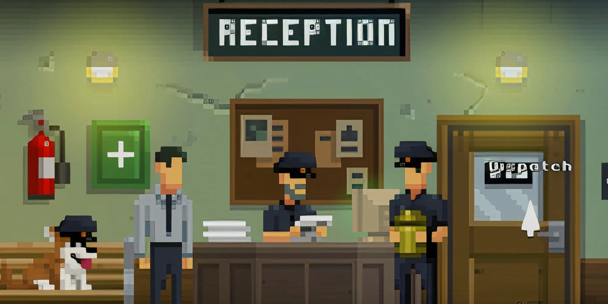 Nhân vật chính The Darkside Detective tương tác với các nhân vật khác bên trong khu lễ tân