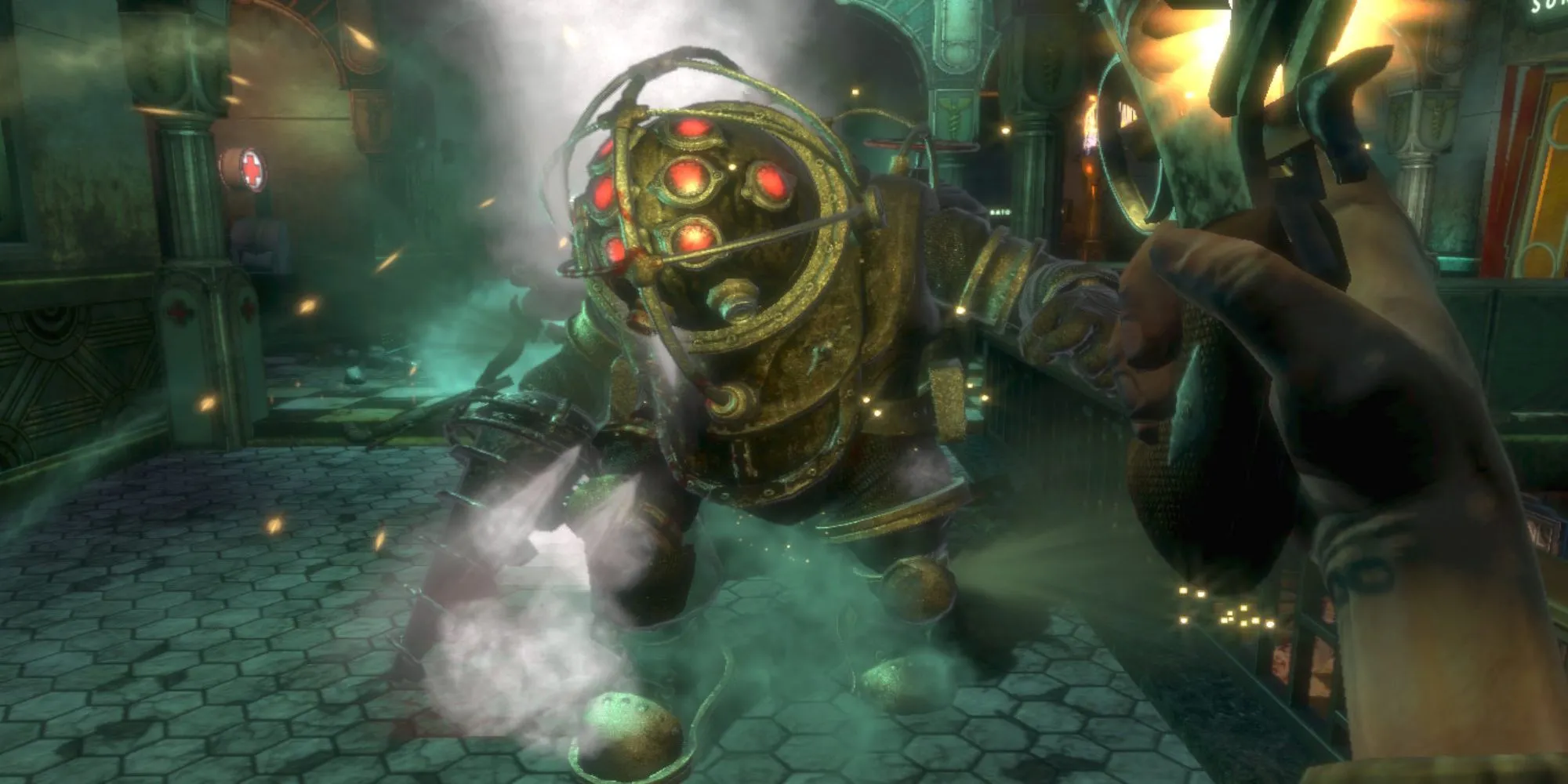 Nhân vật chính trong BioShock đối đầu với một Big Daddy trong thành phố Rapture dưới nước, thể hiện yếu tố hành động và không khí u ám
