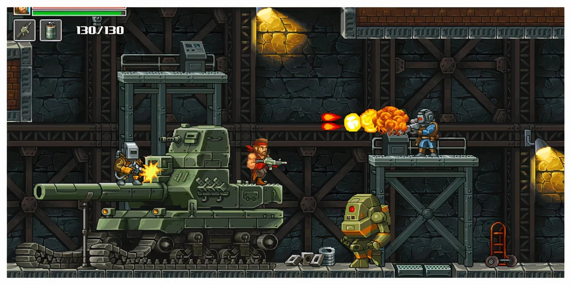Nhân vật chính trong Guns of Fury đang bắn súng vào kẻ thù trong một môi trường công nghiệp chi tiết