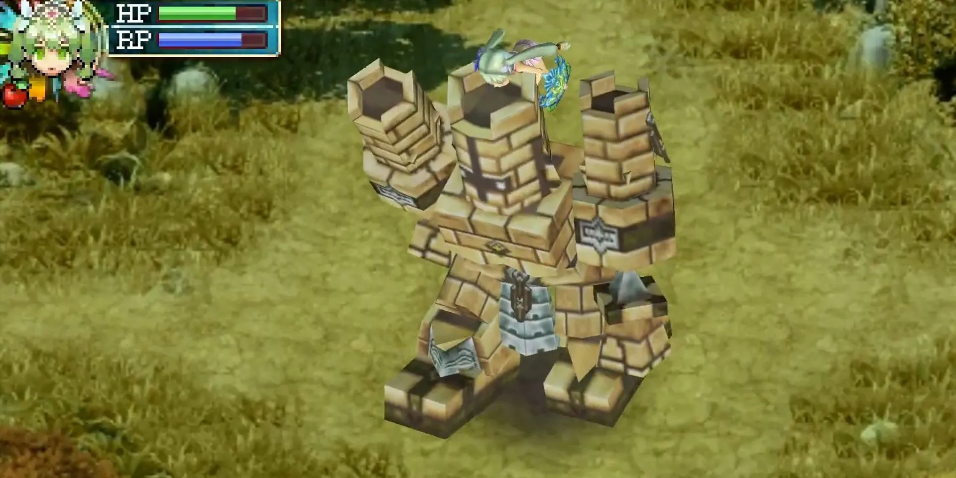 Nhân vật cưỡi một Golem to lớn trong Rune Factory 4, một trong nhiều quái vật có thể thuần hóa và cưỡi