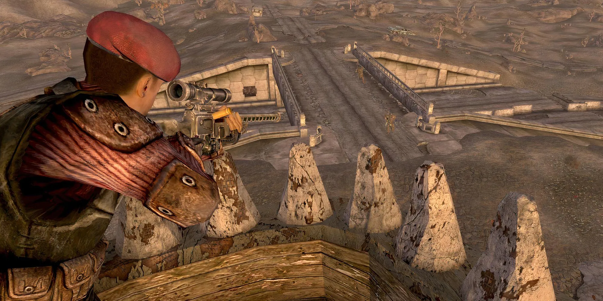 Nhân vật Fallout New Vegas dùng súng bắn tỉa từ trên cao