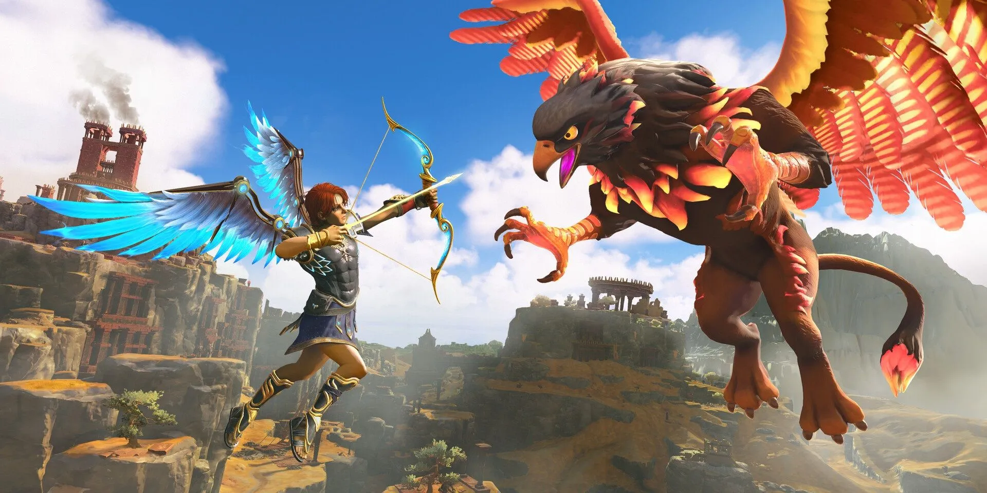 Nhân vật Fenyx bay lượn trên một thế giới mở rộng lớn đầy màu sắc trong Immortals Fenyx Rising