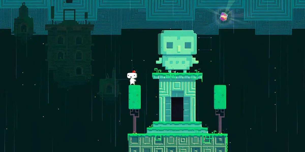 Nhân vật Gomez trong Fez đứng trước một bức tượng lớn màu xanh lá cây trong thế giới pixel độc đáo