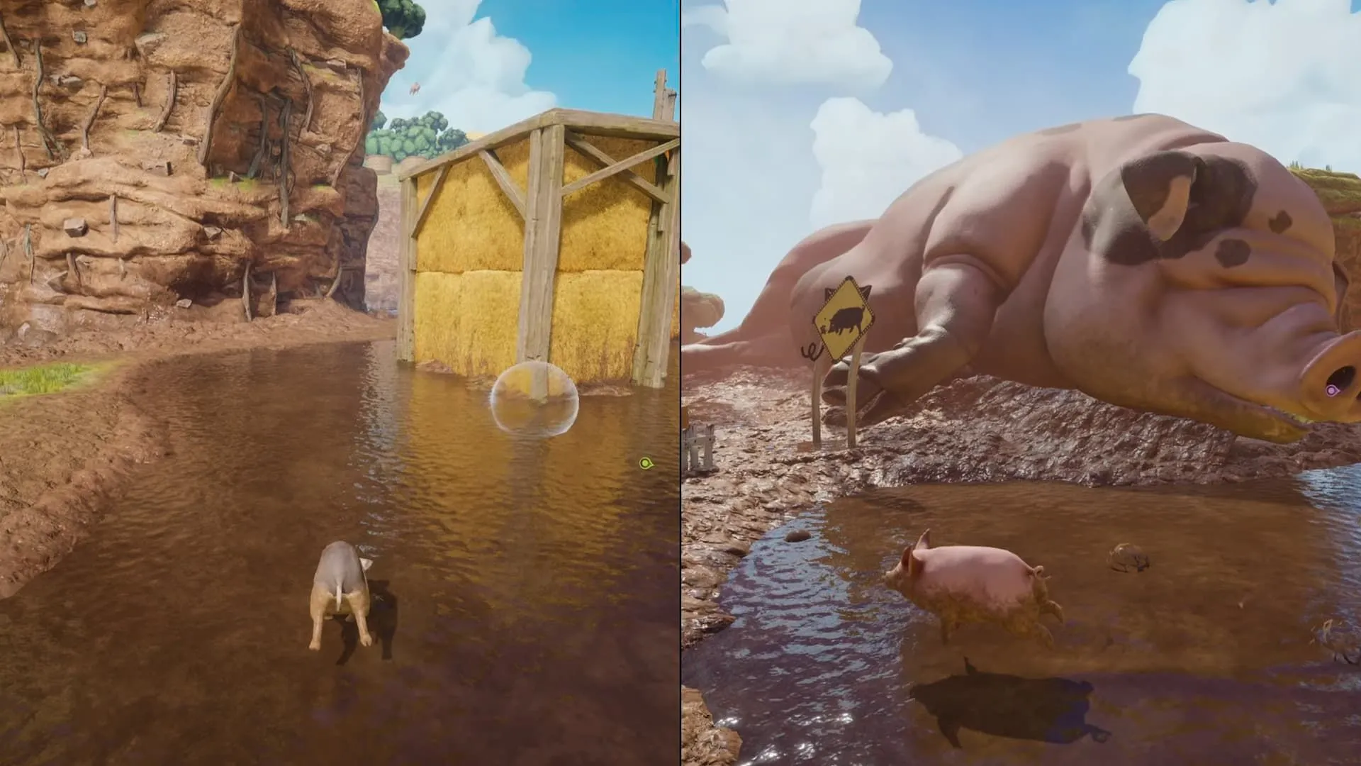Nhân vật heo Mio khám phá khu vực bên ngoài chuồng trại trong Split Fiction Farmlife