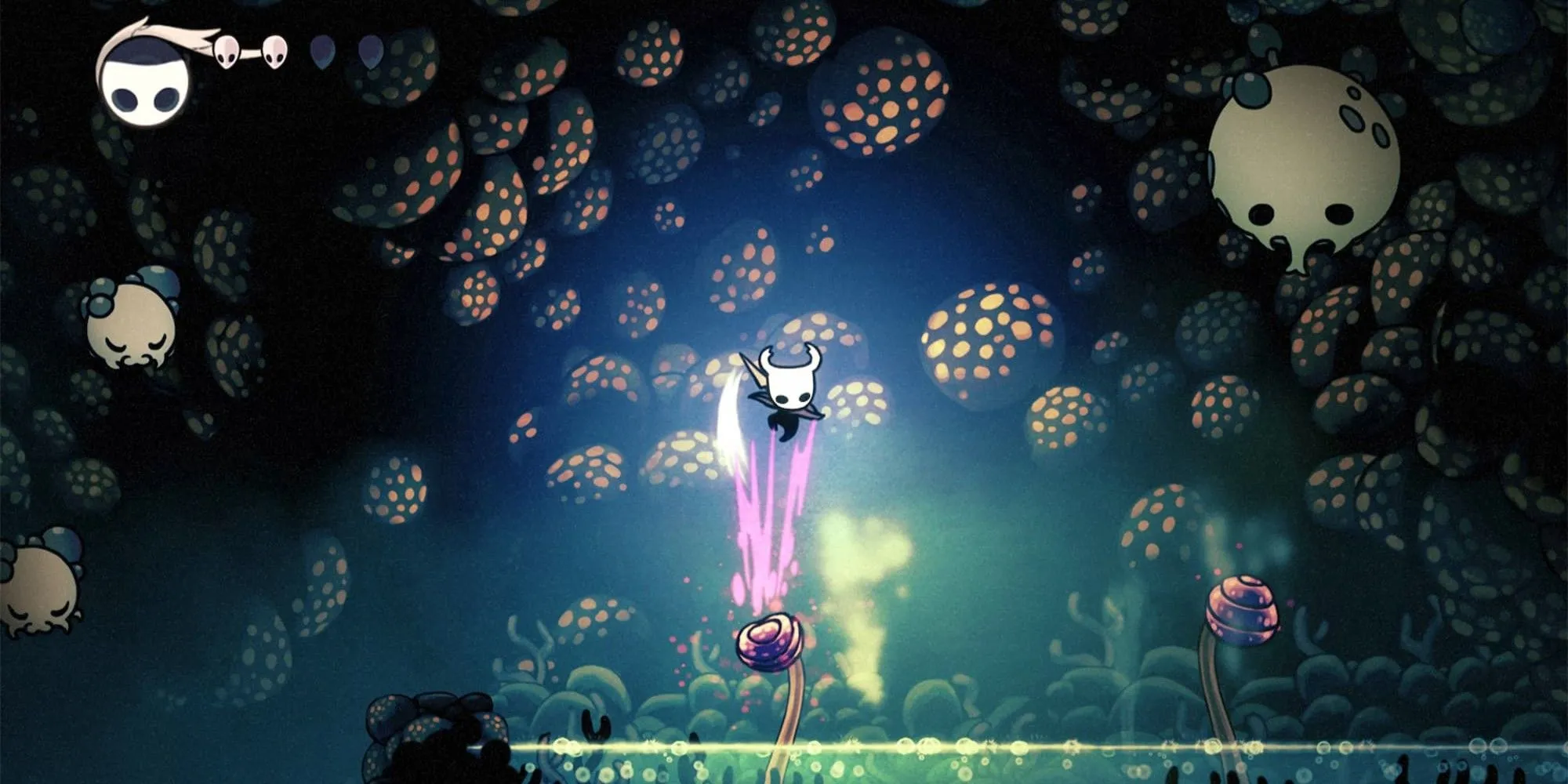 Nhân vật hiệp sĩ nhỏ bé nhảy trên một cái cây trong thế giới của Hollow Knight