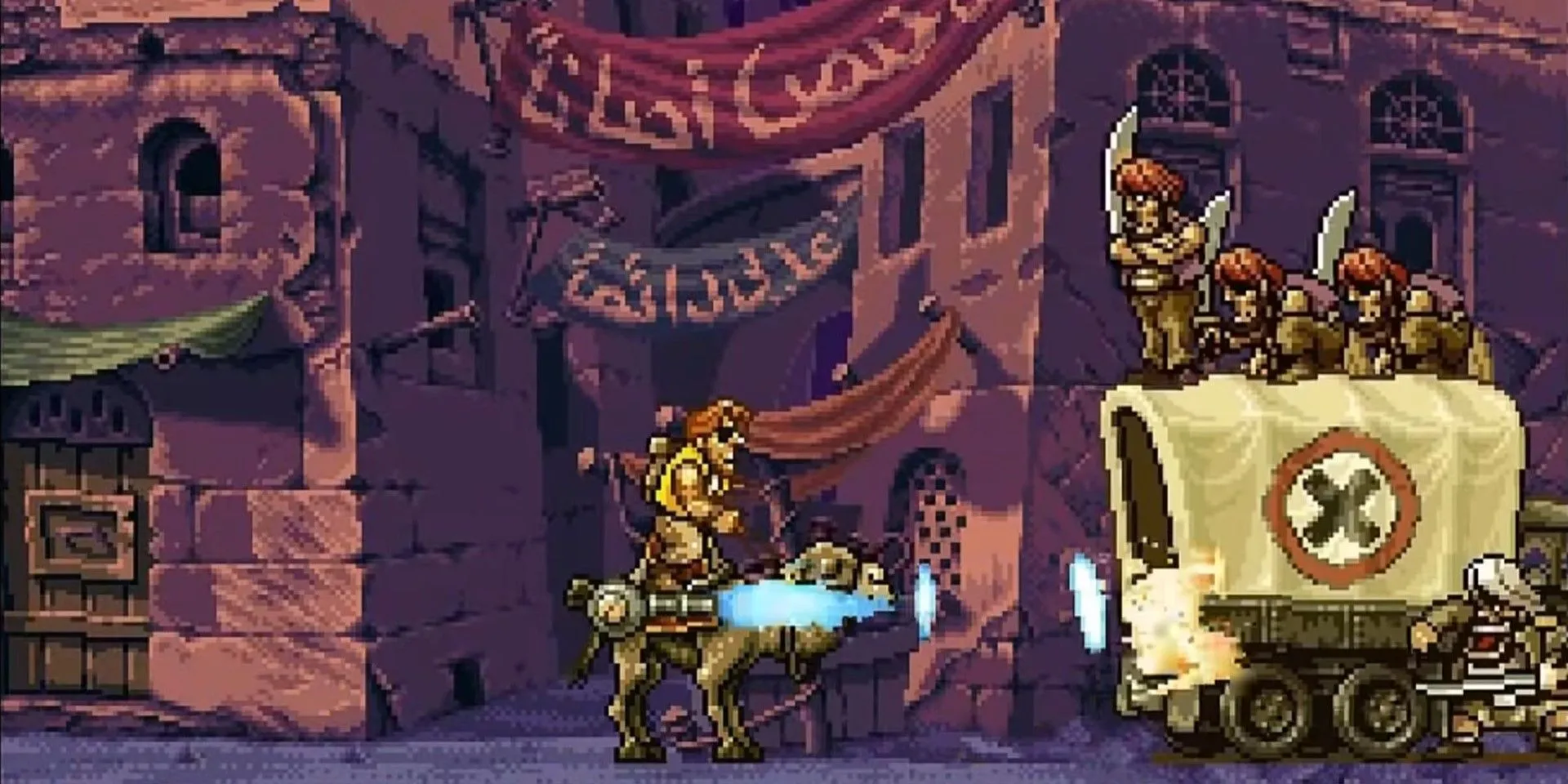 Nhân vật Marco Rossi trong Metal Slug X đang bắn súng máy hạng nặng vào kẻ địch