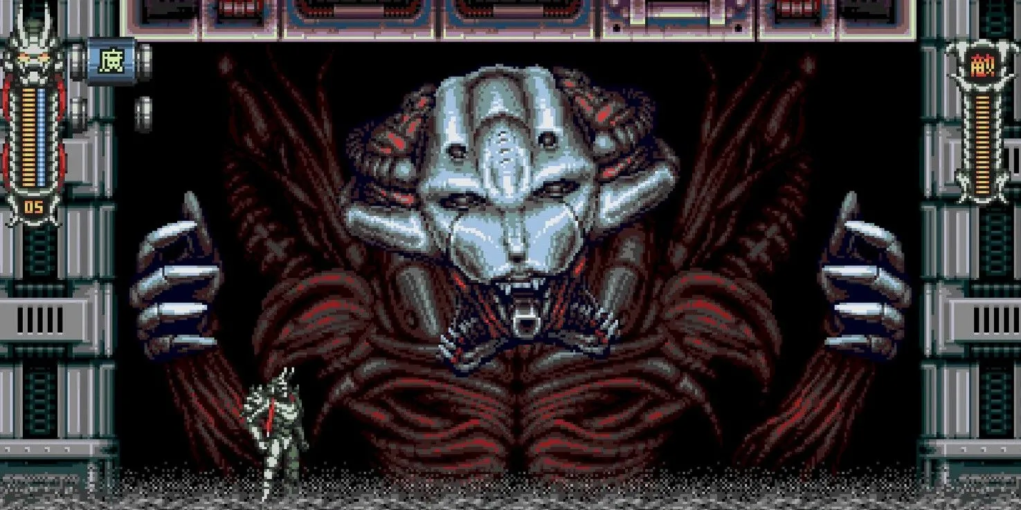 Nhân vật Moonrider trong Vengeful Guardian: Moonrider nhảy qua các mái nhà theo phong cách ninja cổ điển