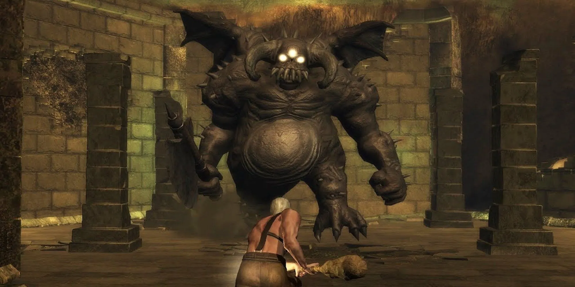 Nhân vật người chơi đối đầu với Vanguard trong Demon's Souls, một thử thách khắc nghiệt