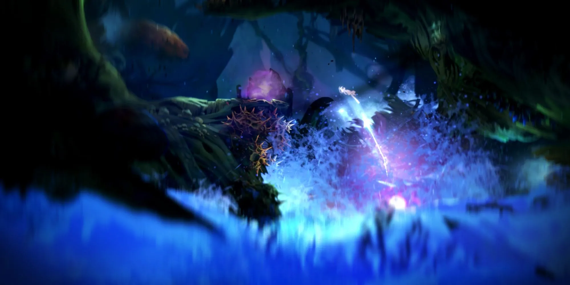 Nhân vật Ori trong bối cảnh rừng cây huyền ảo của Ori and the Blind Forest