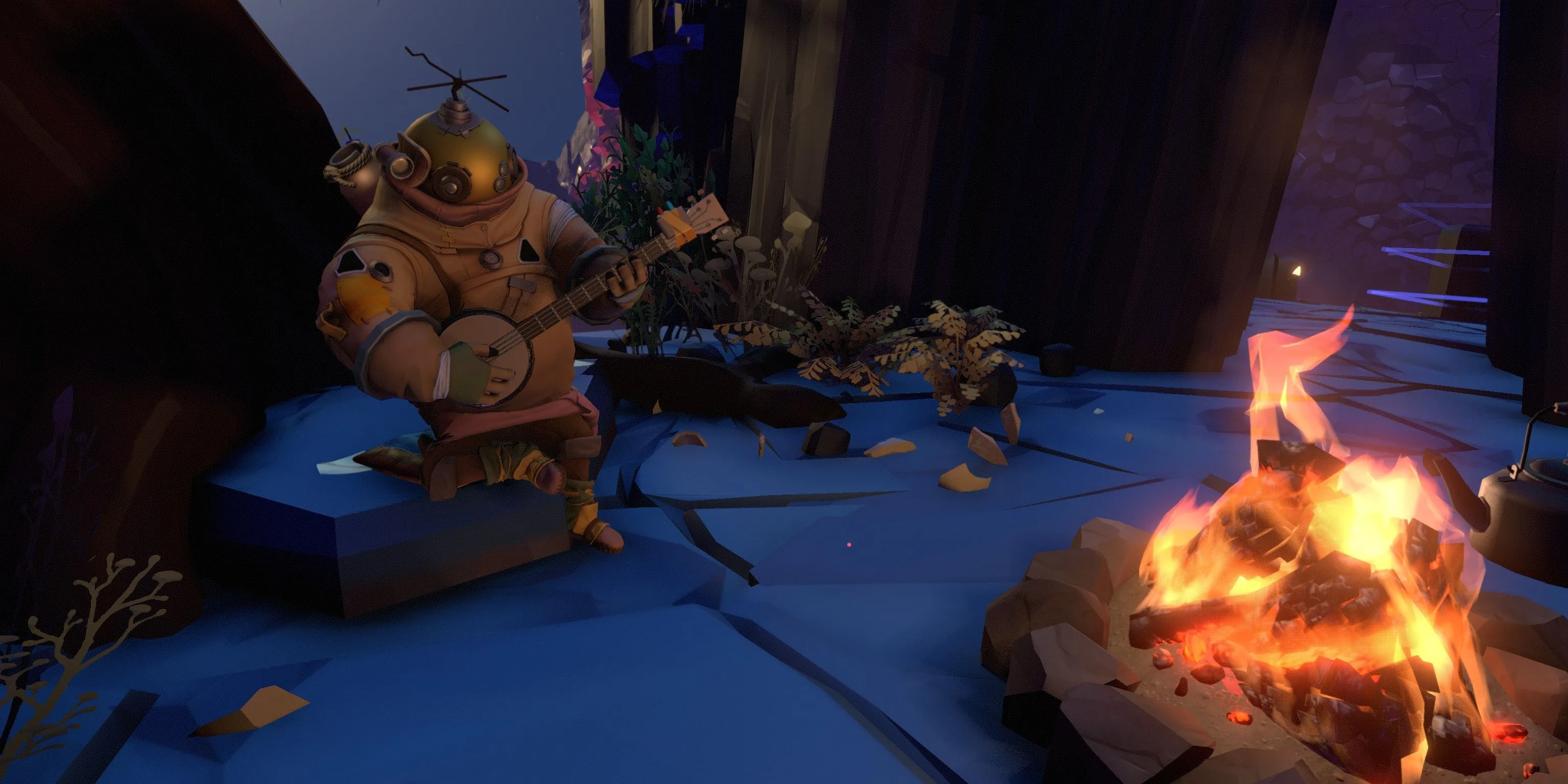 Nhân vật Riebeck chơi đàn banjo bên đống lửa trong Outer Wilds