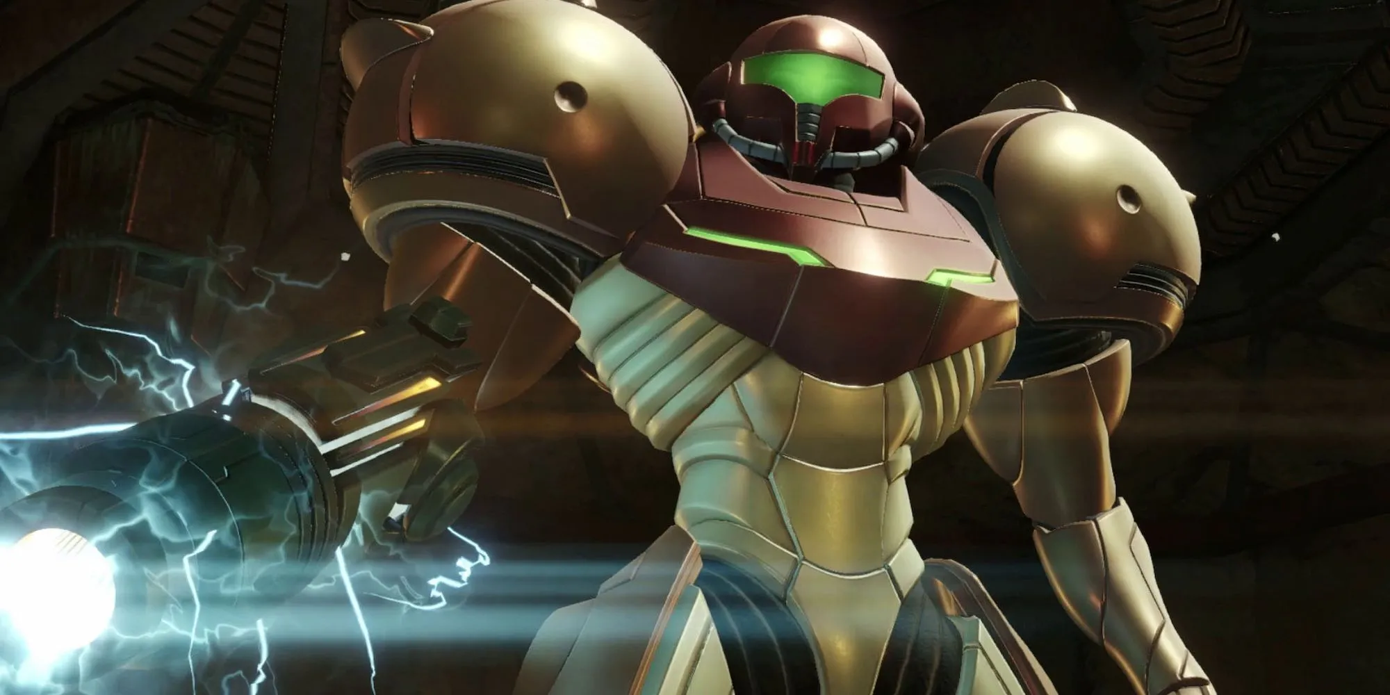 Nhân vật Samus Aran trong Metroid Prime Remastered với bộ giáp chiến đấu đặc trưng