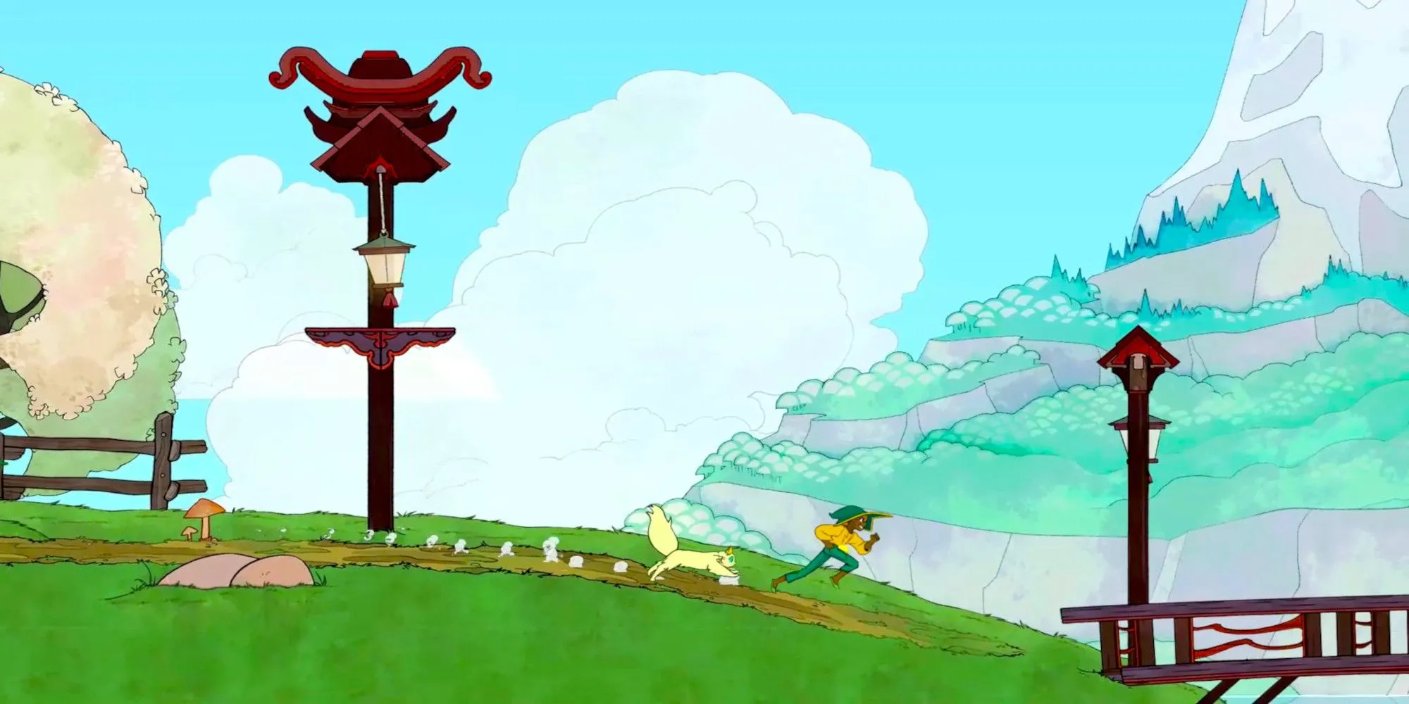 Nhân vật Stella và chú mèo Daffodil chạy trên ngọn đồi xanh mướt trong Spiritfarer, thể hiện hành trình khám phá và chia tay đầy cảm xúc.