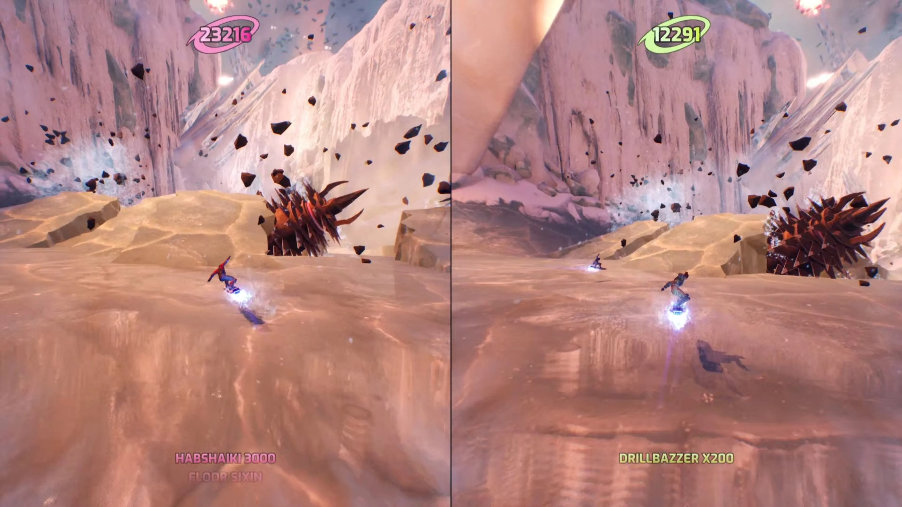 Nhân vật thực hiện cú grind trên đường ray kim loại trong Slopes of War