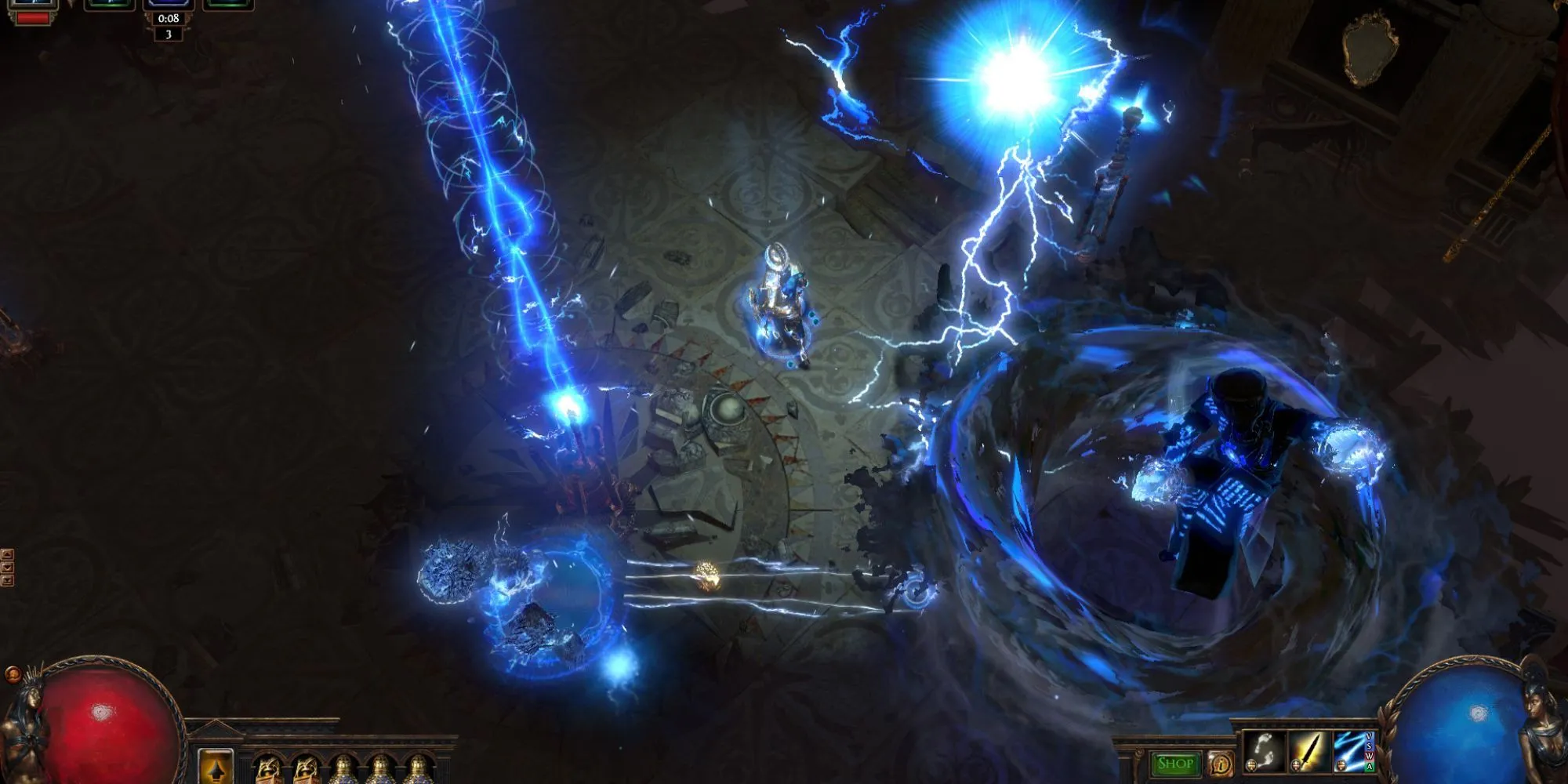 Nhân vật trong Path of Exile tung chiêu sét đánh trúng kẻ địch