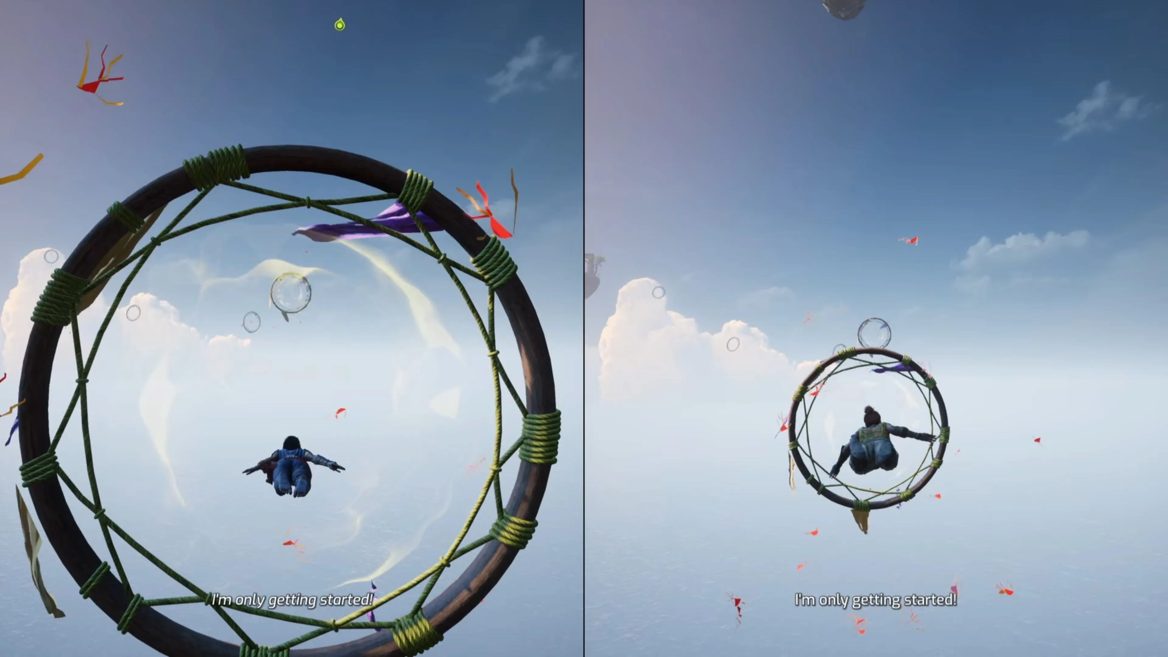 Nhân vật trong Split Fiction bay qua những chiếc vòng dream catcher trong màn chơi Kites