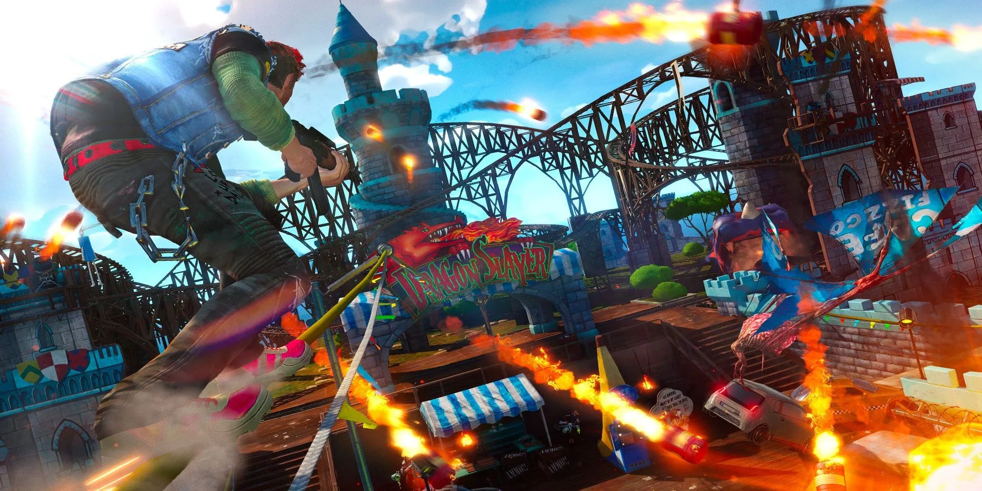 Nhân vật trượt trên đường ray và xả súng trong Sunset Overdrive