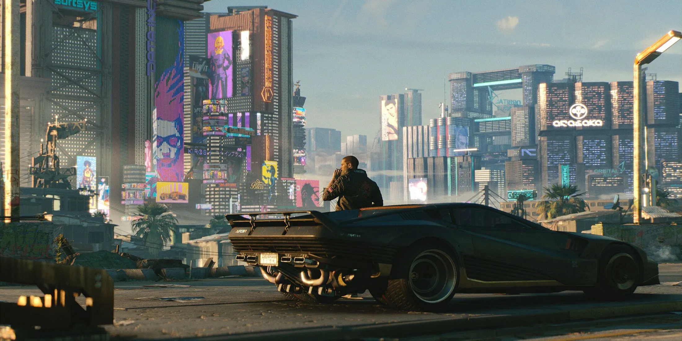 Nhân vật V và chiếc xe bên ngoài Night City trong Cyberpunk 2077, một thế giới tương lai nơi lịch sử đã rẽ nhánh