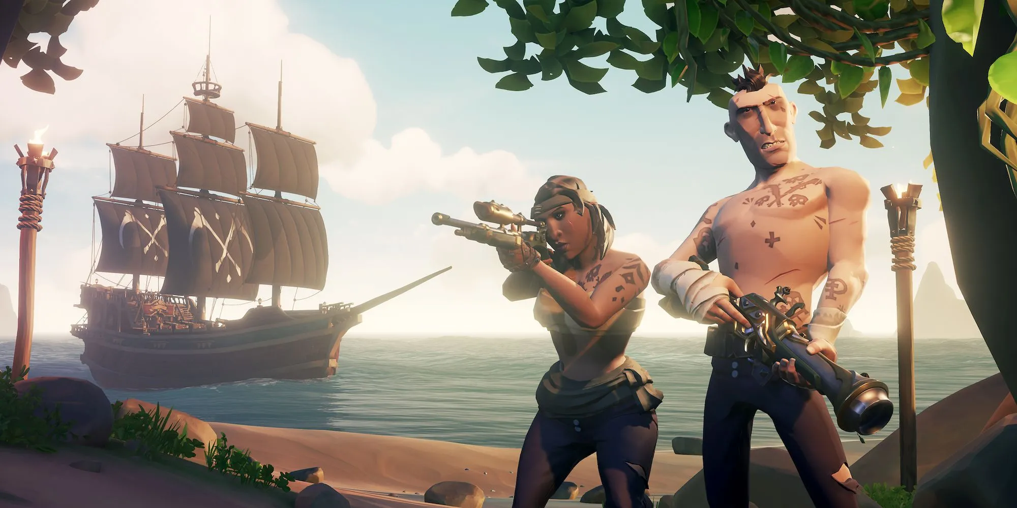 Nhóm cướp biển trong Sea of Thieves đang ngắm bắn từ boong tàu giữa đại dương bao la, sẵn sàng cho những cuộc phiêu lưu kỳ thú.