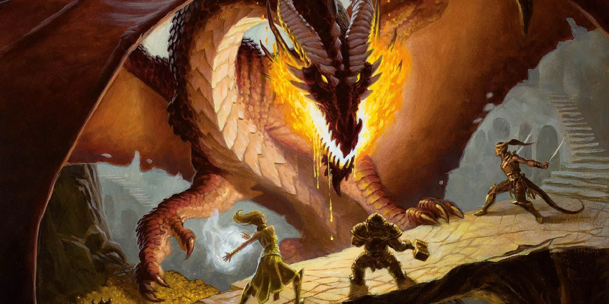 Nhóm nhà thám hiểm Dungeons and Dragons đối đầu với một con rồng đỏ hung dữ trong một trận chiến gay cấn.