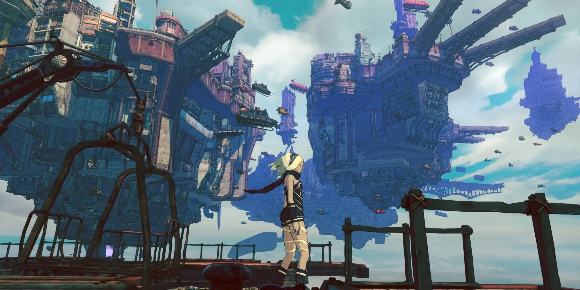 Những hòn đảo lơ lửng trên bầu trời trong Gravity Rush 2, một game phiêu lưu thế giới mở độc đáo với nữ chính Kat.