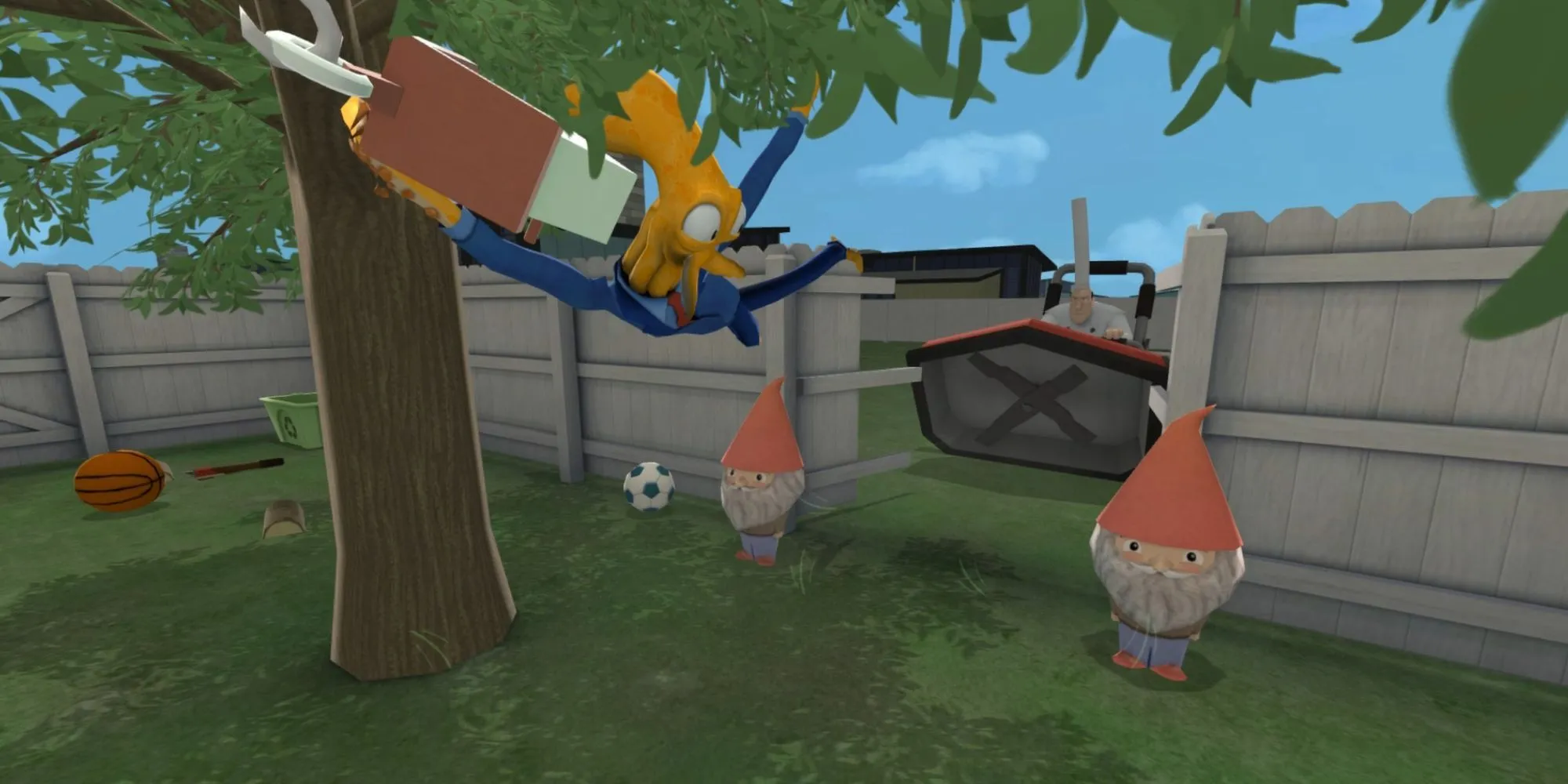 Octodad đang bị đầu bếp truy đuổi trong một cảnh game hài hước của Octodad: Dadliest Catch