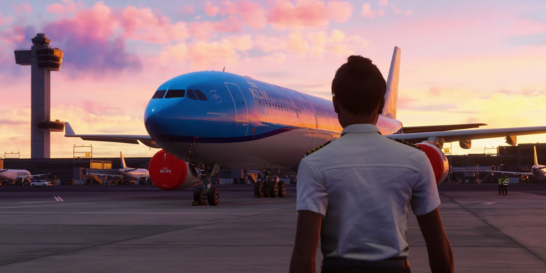 Phi công nhìn ra máy bay tại sân bay trong Microsoft Flight Simulator 2024, mô phỏng chuyến bay thực tế